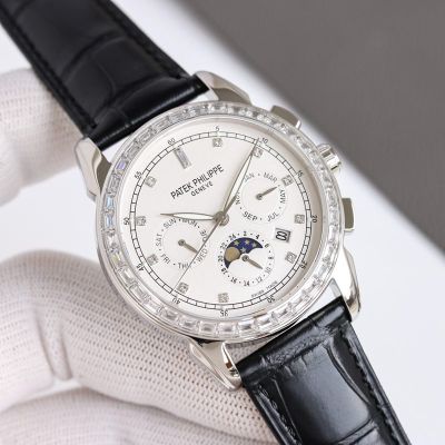 Patek Philippe Complications 42mm 9100 Movement 316L Steel Crocodile Leather Strap Silver Case Watch